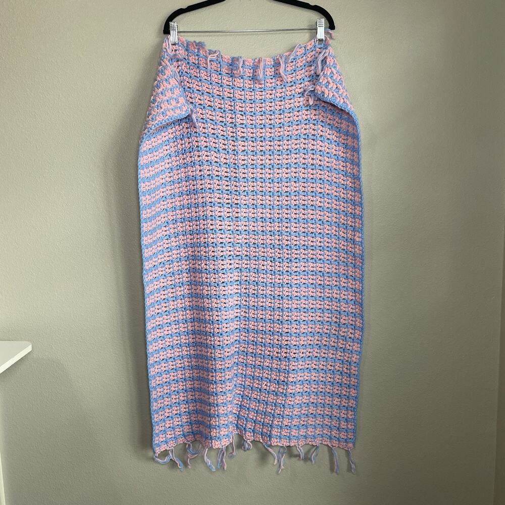 Handmade Baby Infant Sized Afghan Blanket Crochet Pink Blue Throw Fringe 40"x28"